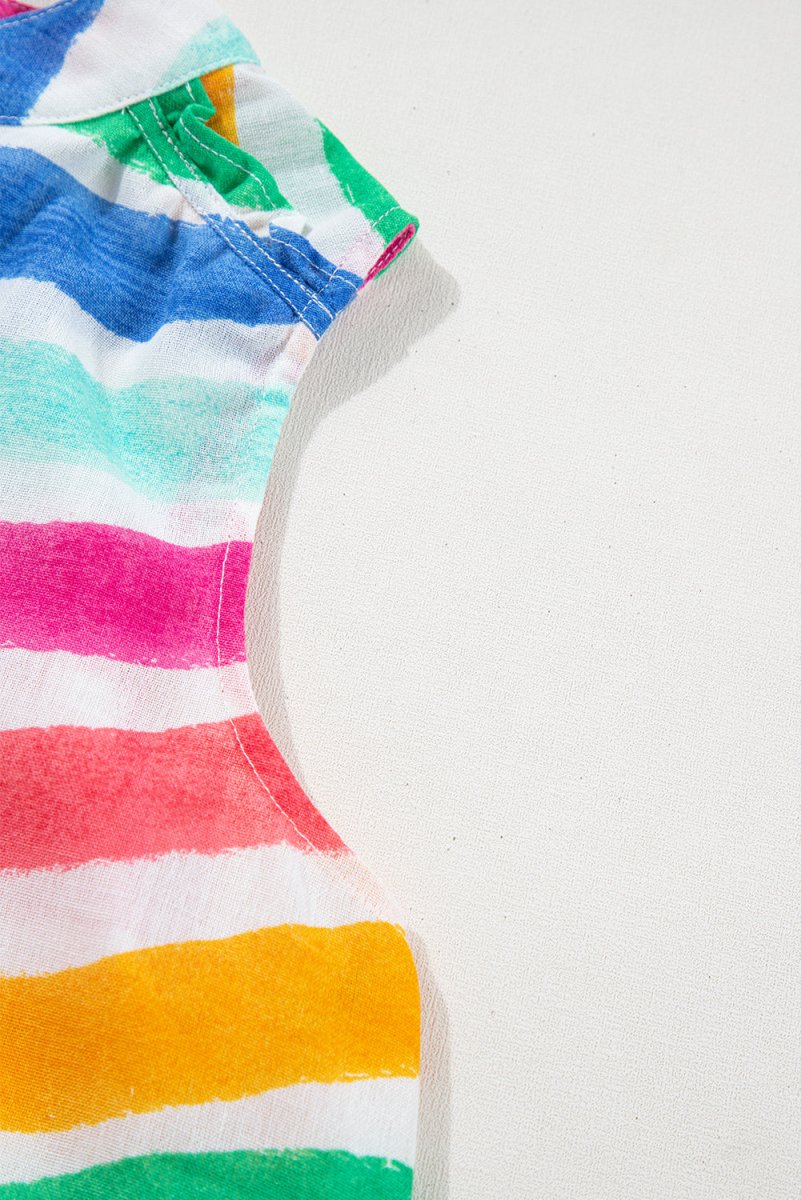 Rose Red Rainbow Stripes Ruffled Hem Drawstring V Neck Tank Top - Love Salve